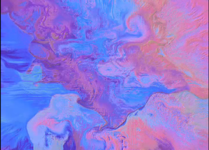 Generative art featuring a fusion of fluid simulation and colorful particle motion