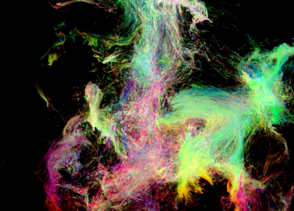 Generative particle galaxy design, featuring swirling cosmic patterns and star-like effects